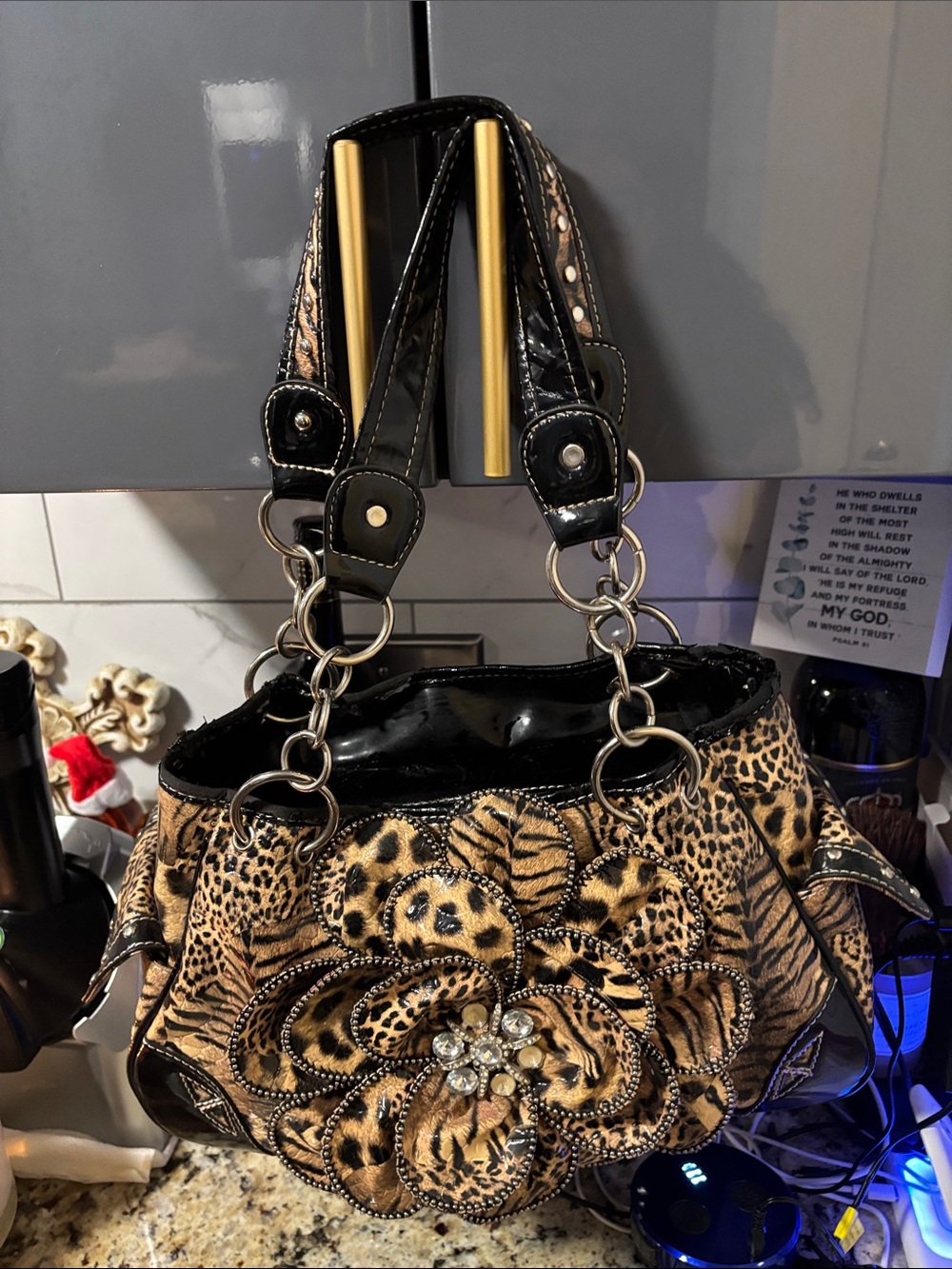 Leopard Floral Appliqué Shoulder Bag - Black & Brown - some rubbing- see photos